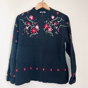Vintage VTG Talbots Lambswool Blend Cardigan Floral Appliqué